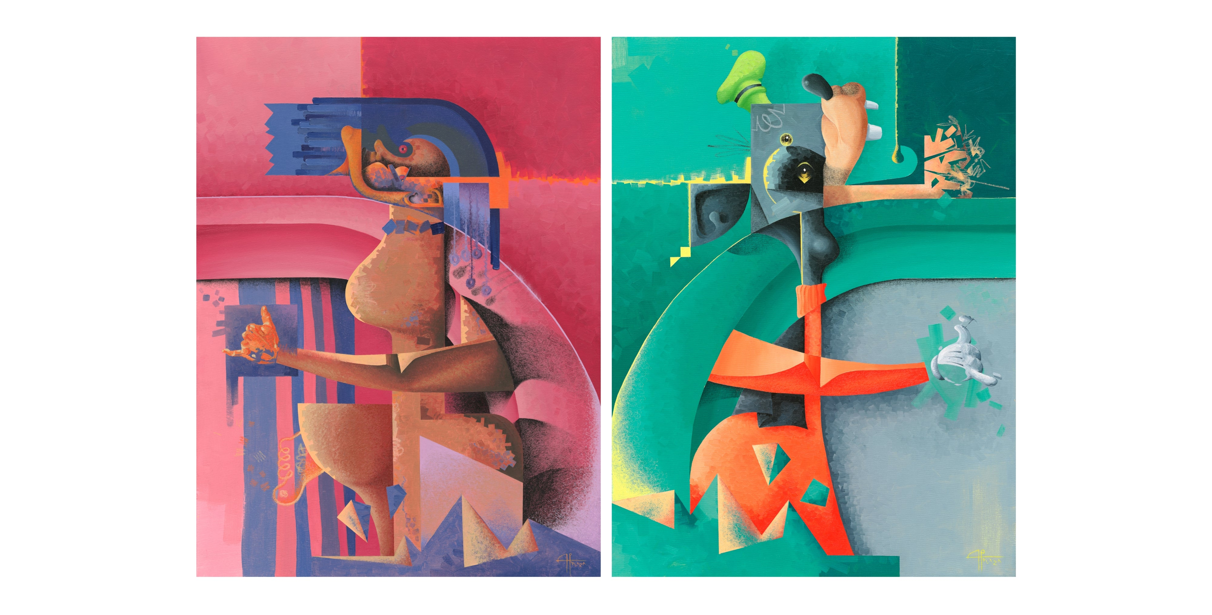 Two abstract artworks side by side with vibrant colors and geometric shapes.