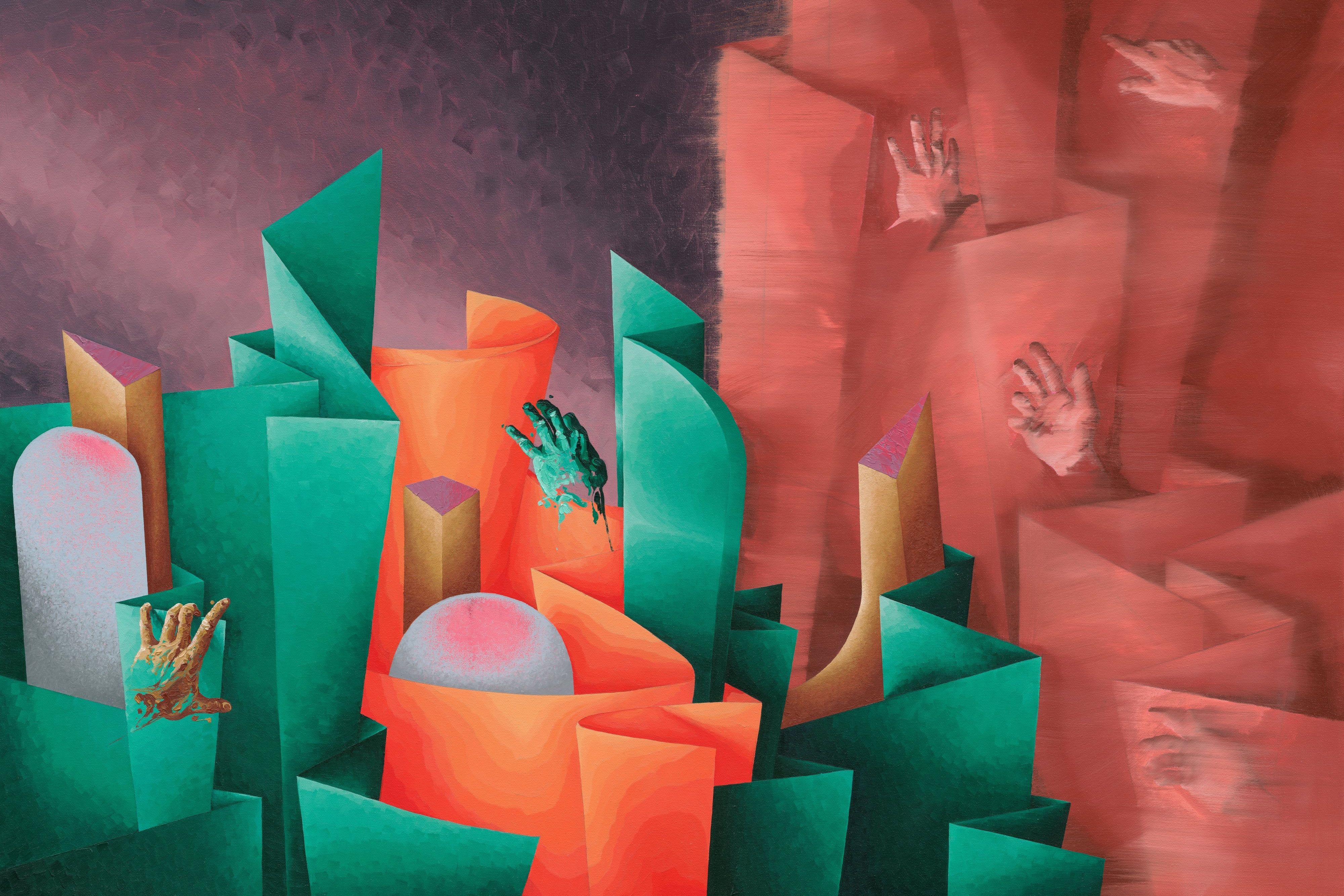 Abstract artwork with colorful geometric shapes and hands reaching out.
