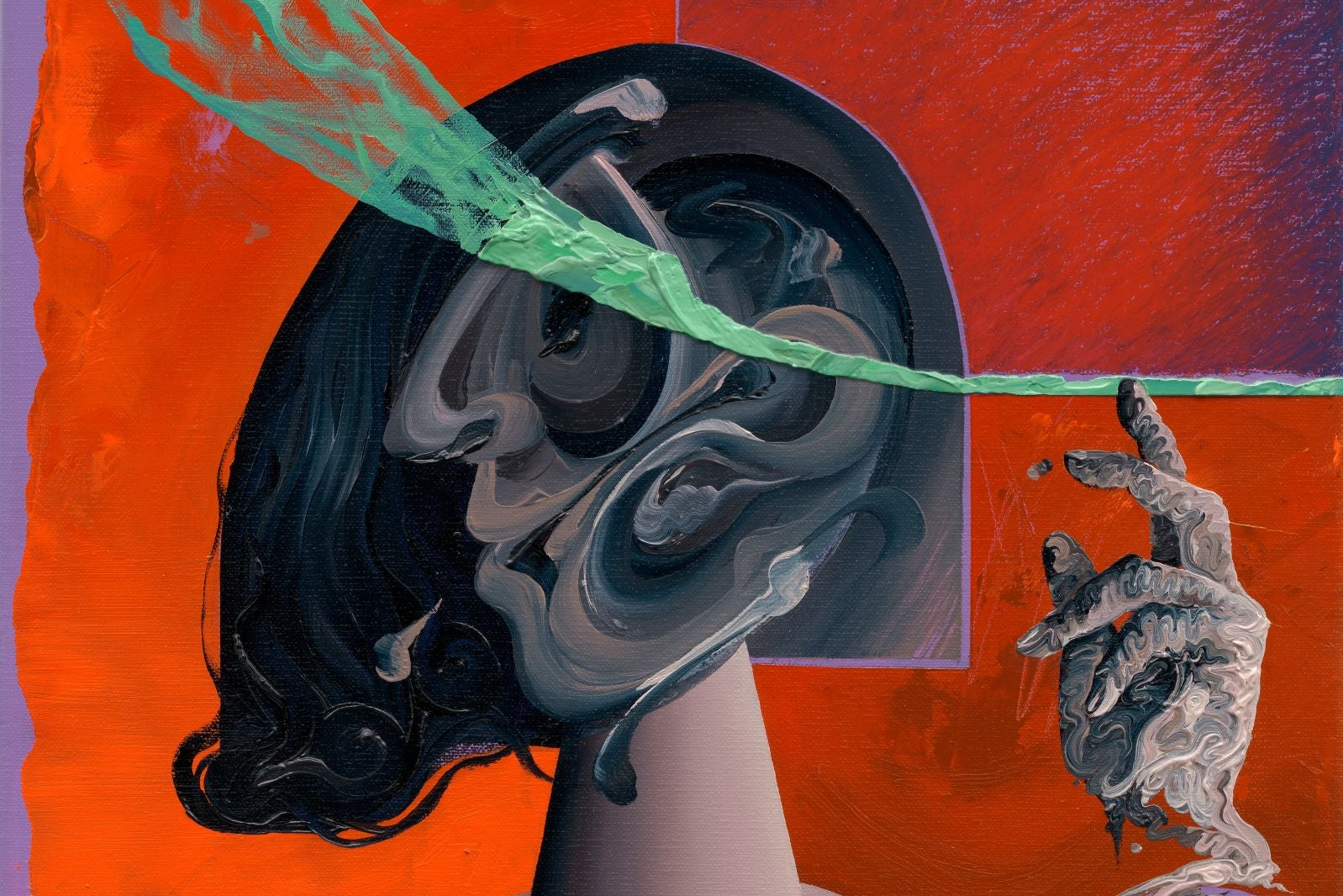 Abstract artwork with a stylized face and reaching hand against a red and purple background