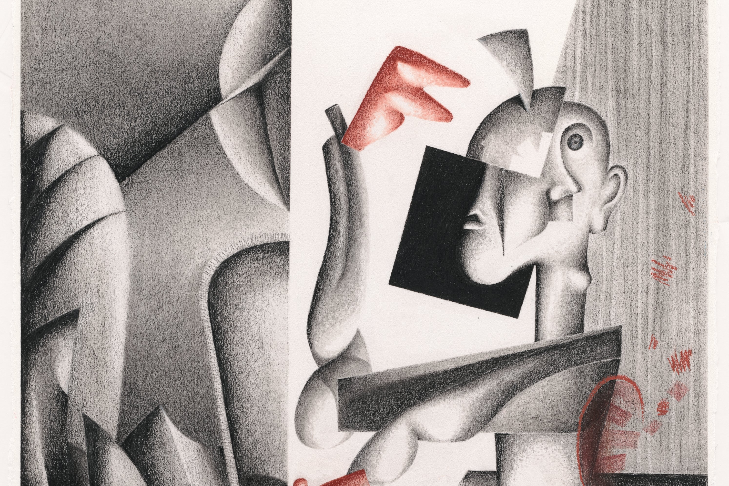 Abstract artwork with geometric shapes and a central figure.