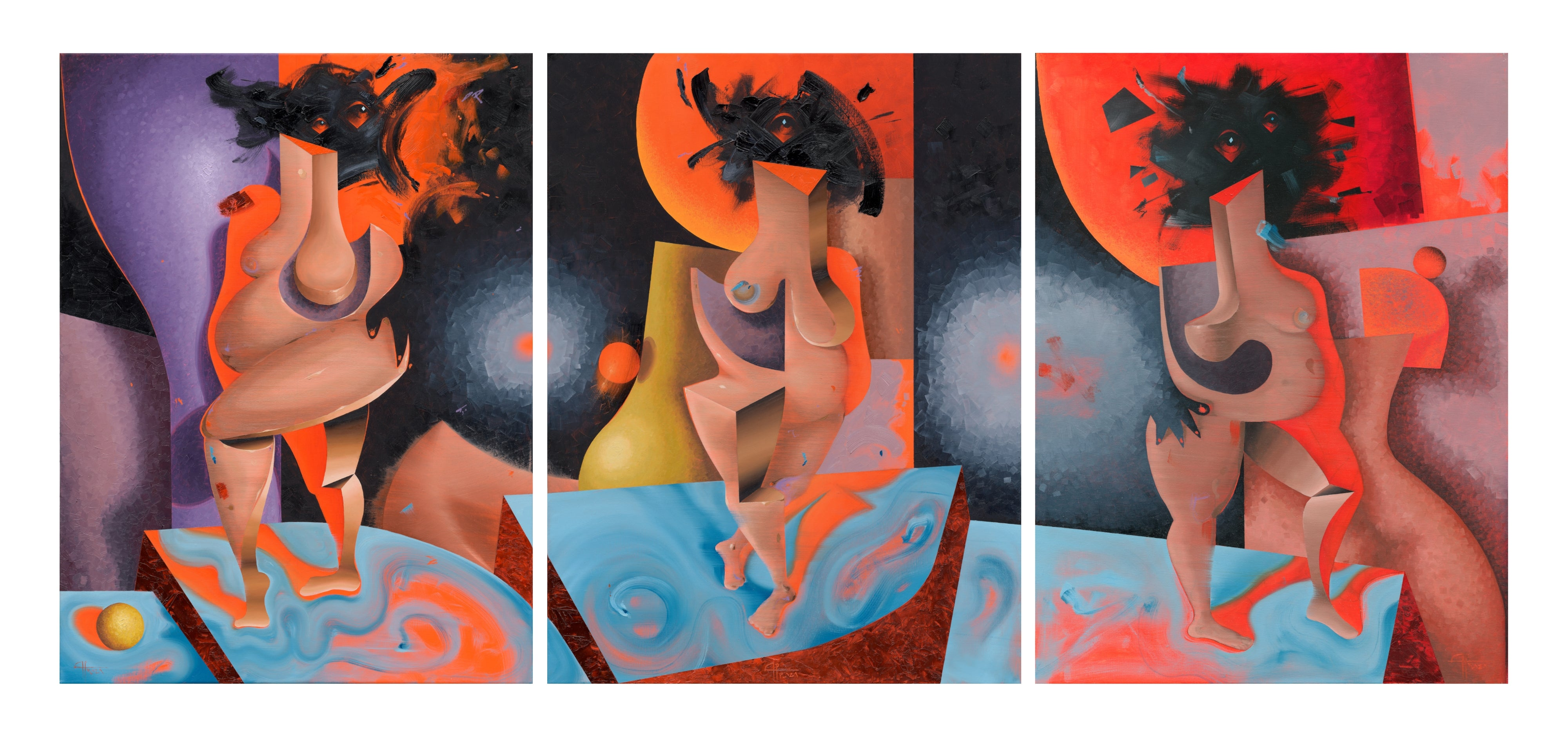 Triptych painting of a nude figure with abstract elements